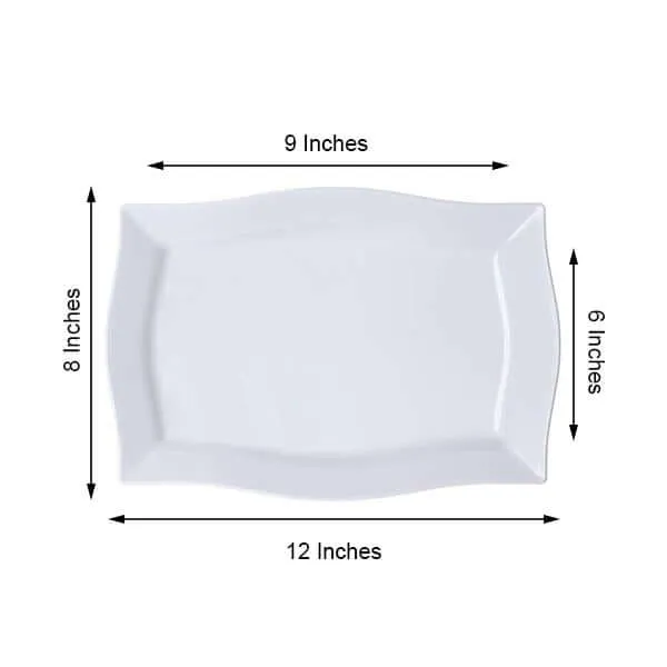 10 Pack 12" Glossy White Disposable Rectangular Serving Trays With Wave Trimmed Rim