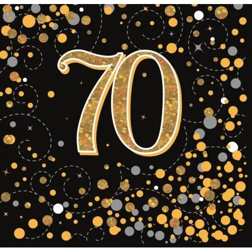 16pk Sparkling Fizz Black Gold Luncheon Napkins - 70th