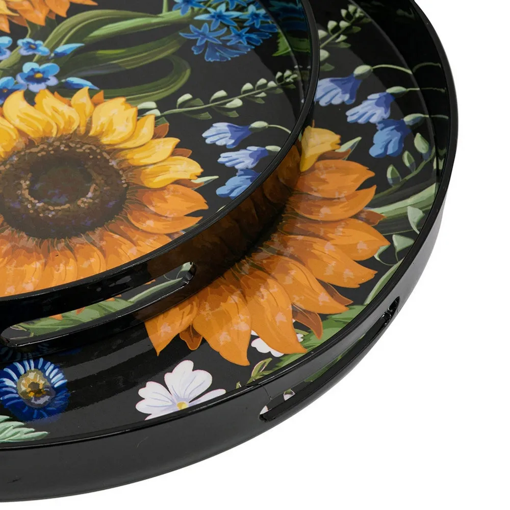 2 Piece Modern Decorative Trays, Round Plastic Frame, Sunflower Motifs  By Casagear Home