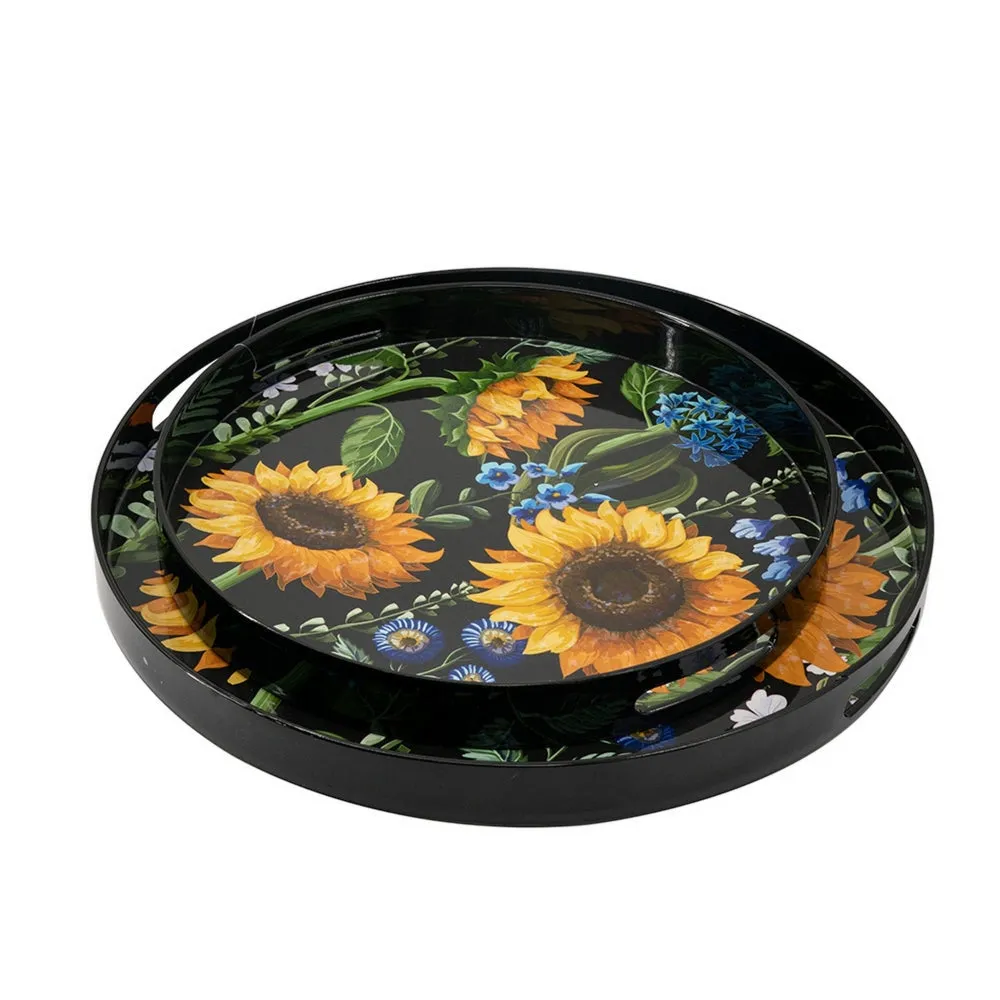 2 Piece Modern Decorative Trays, Round Plastic Frame, Sunflower Motifs  By Casagear Home