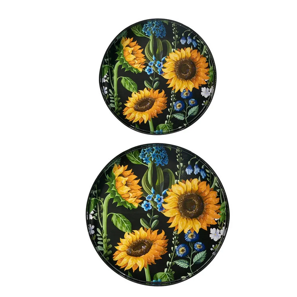 2 Piece Modern Decorative Trays, Round Plastic Frame, Sunflower Motifs  By Casagear Home