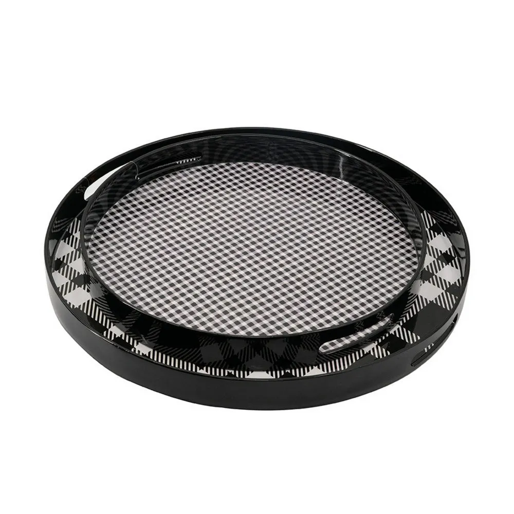 2 Piece Round Decorative Tray, Plastic Frame, Black and White Plaid Print By Casagear Home