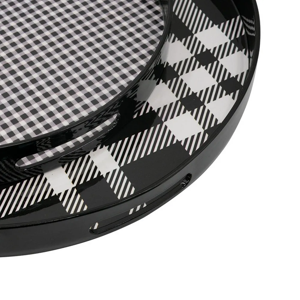 2 Piece Round Decorative Tray, Plastic Frame, Black and White Plaid Print By Casagear Home