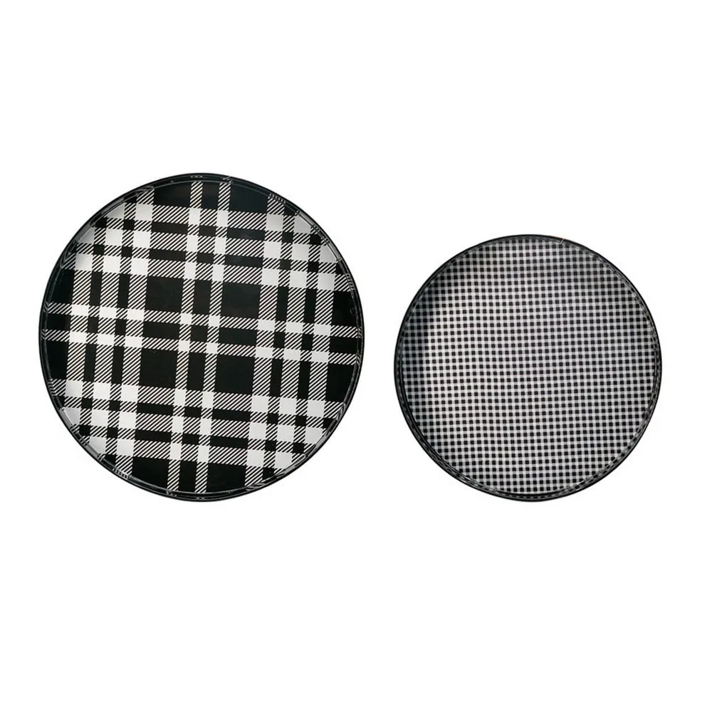 2 Piece Round Decorative Tray, Plastic Frame, Black and White Plaid Print By Casagear Home