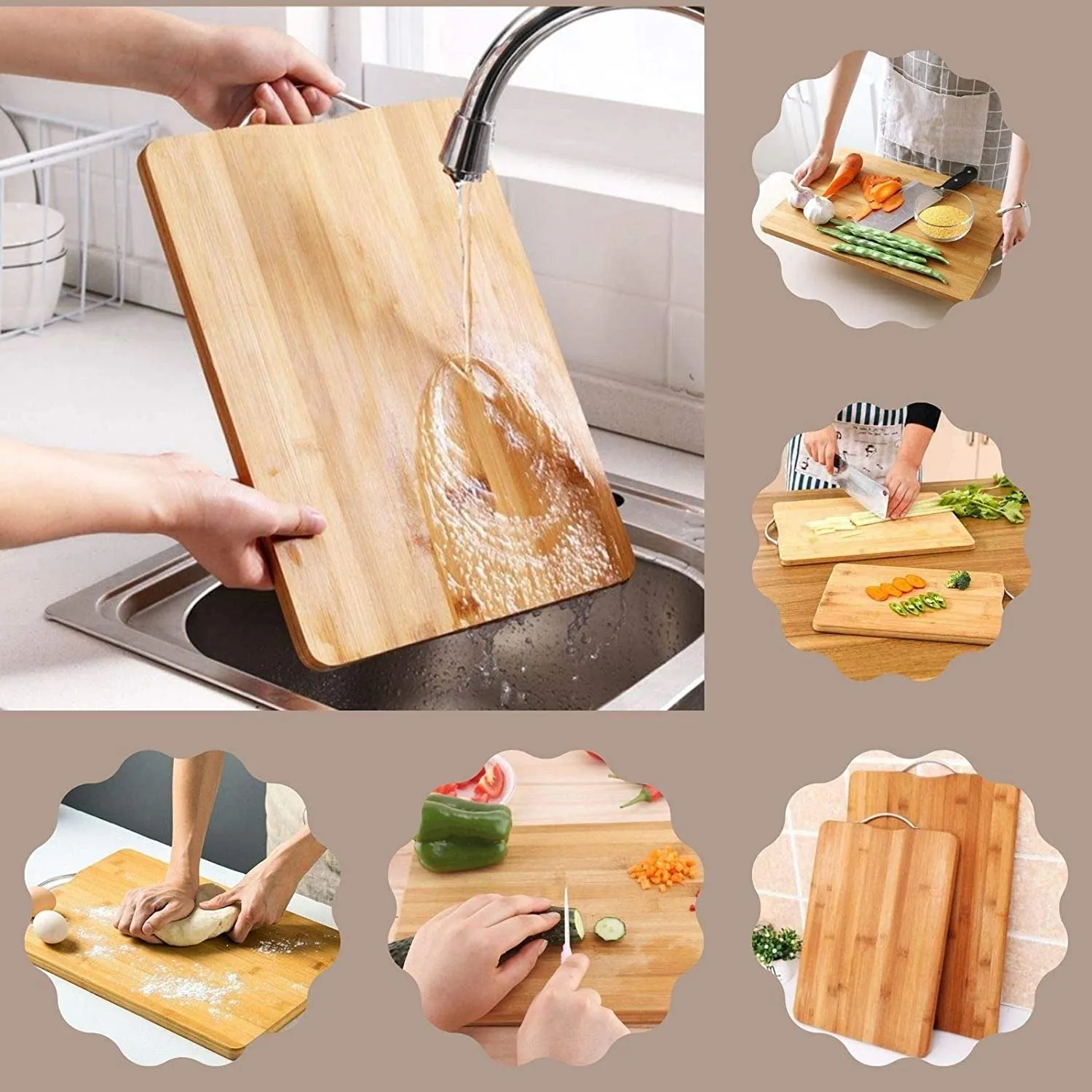 2315 Thick Wooden Bamboo Kitchen Chopping Cutting Slicing Board with Holder for Fruits Vegetables Meat