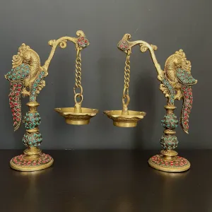 8 Inches Brass Peacock Stonework Hanging Diya Lamp (Set of 2)