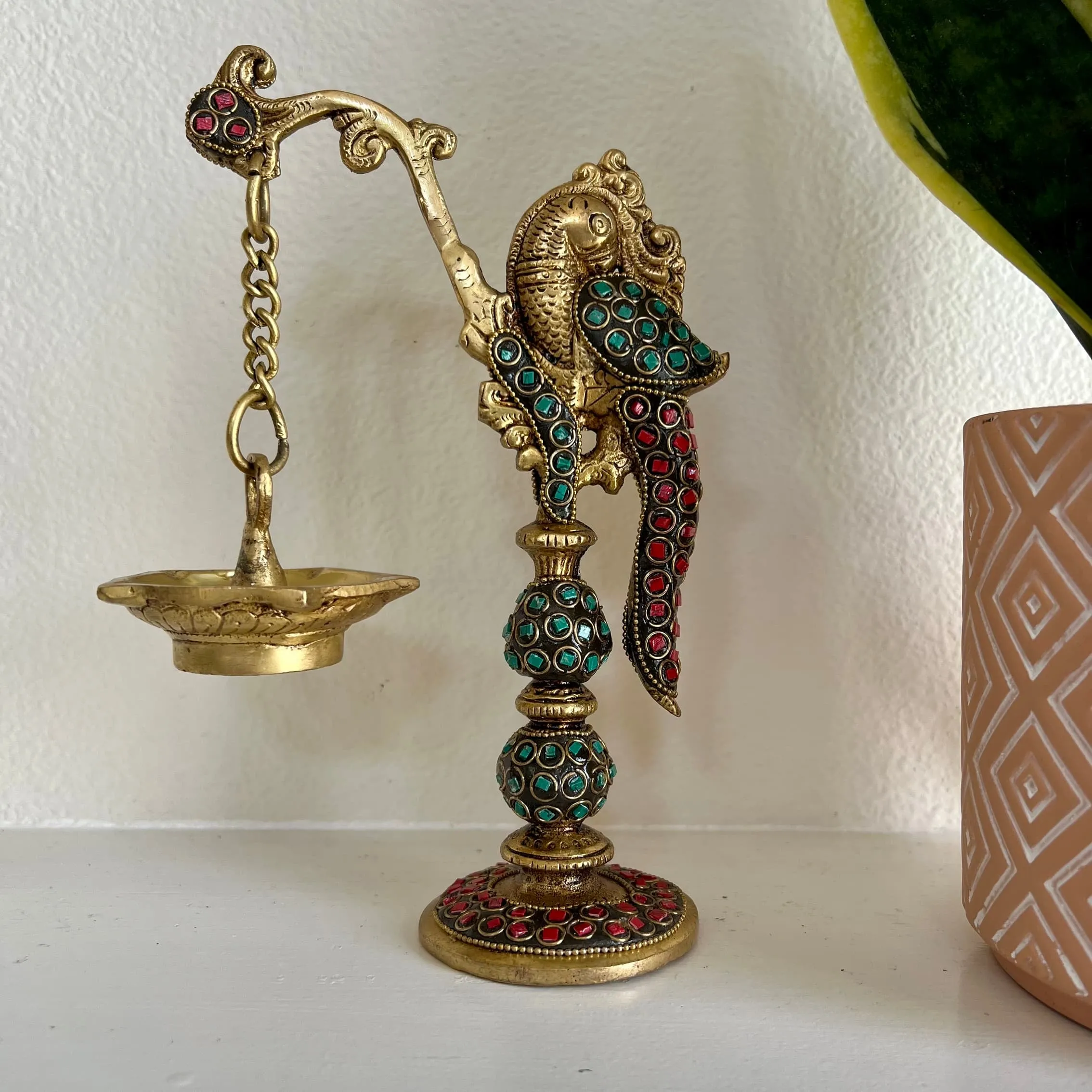 8 Inches Brass Peacock Stonework Hanging Diya Lamp (Set of 2)