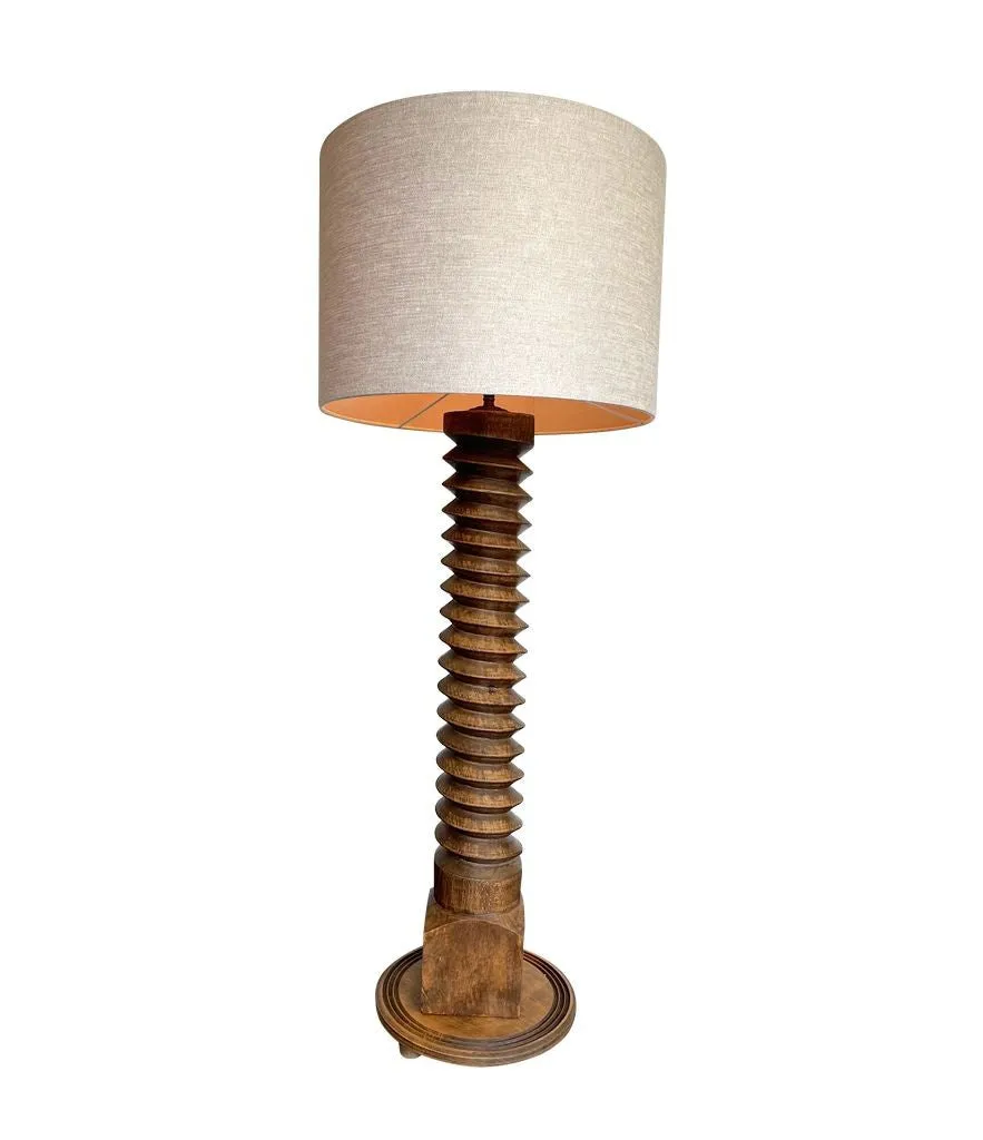 A French 1940s oak wine press corkscrew floor lamp in the style of Charles Dudouyt