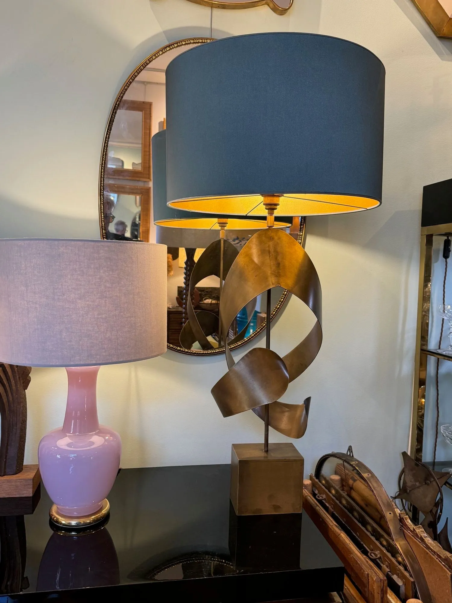 A pair of large Italian 1970s sculptural brass and gilt metal lamps