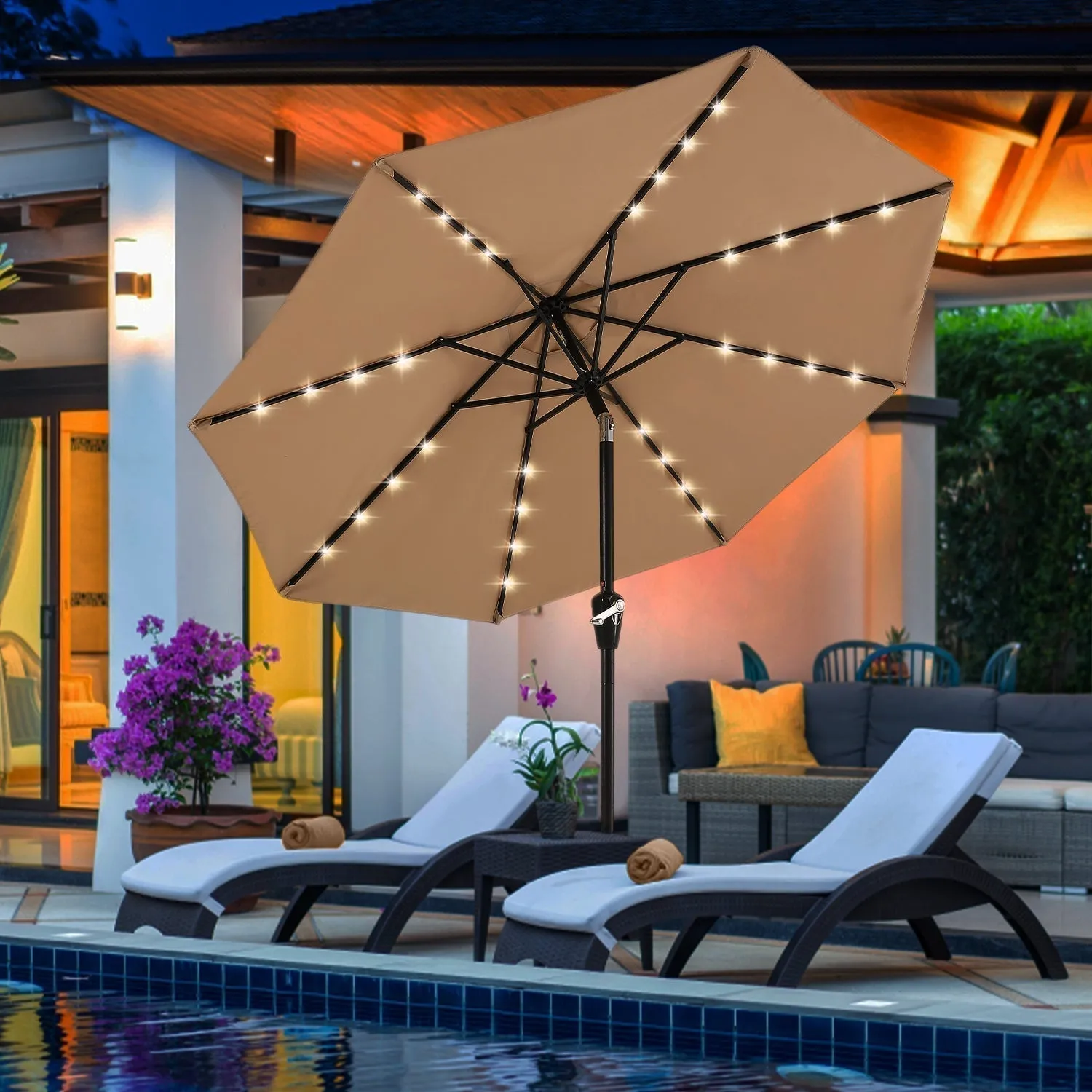 ABCCANOPY Outdoor Solar Patio Umbrella with 32 LED Lights, Tilt & Crank