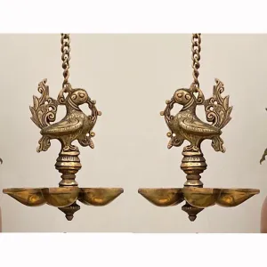 Annapakshi Hanging Diya (Set of 2) - Brass Hanging Lamps for Pooja Room