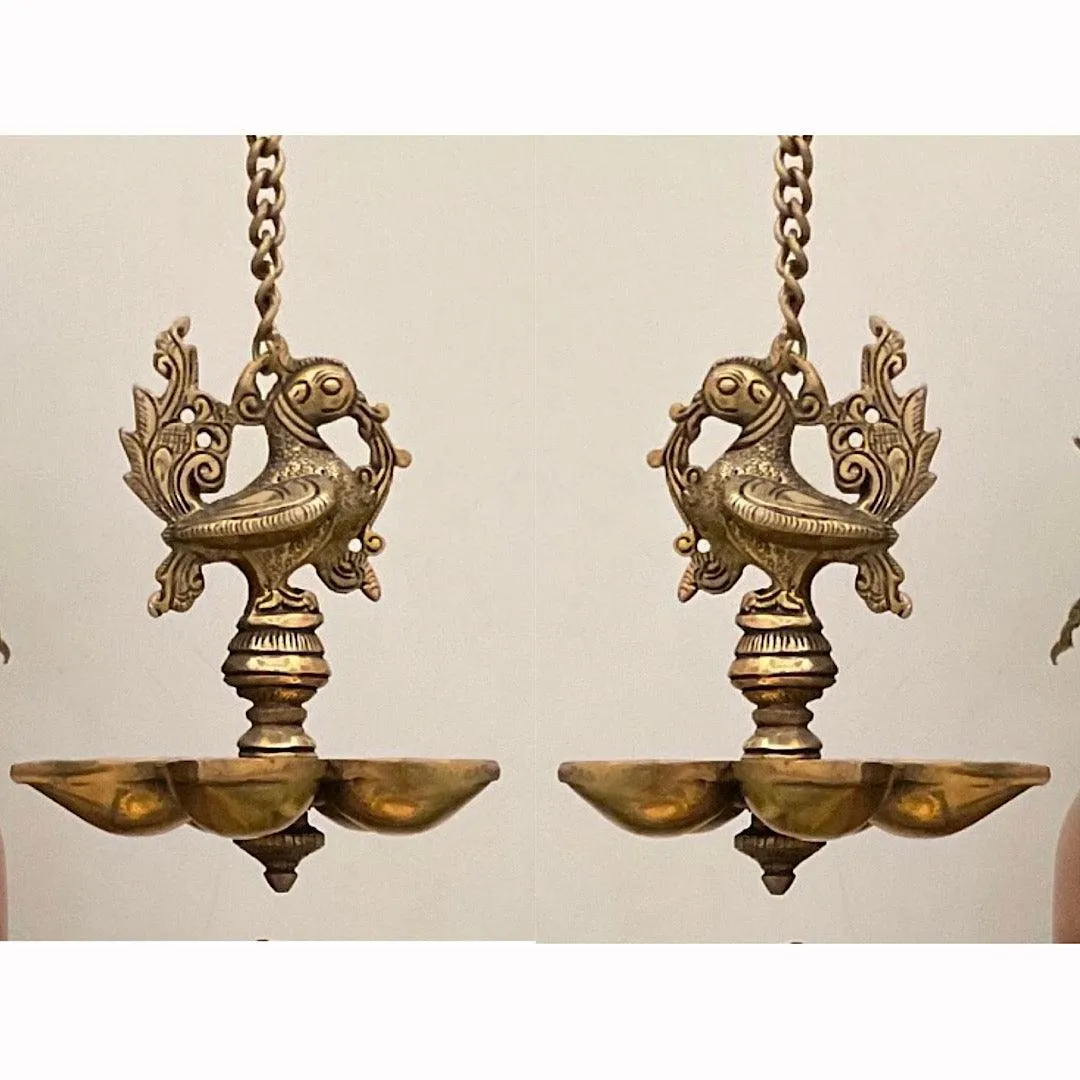 Annapakshi Hanging Diya (Set of 2) - Brass Hanging Lamps for Pooja Room