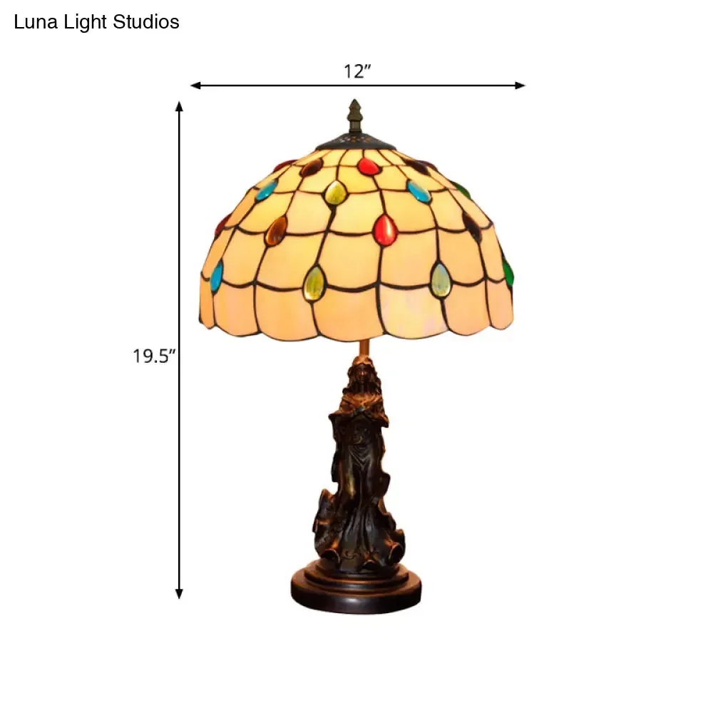 Asellus Secundus - Cabochons Grid Night Light 1-Light Tiffany Table Lamp with Angel Decor