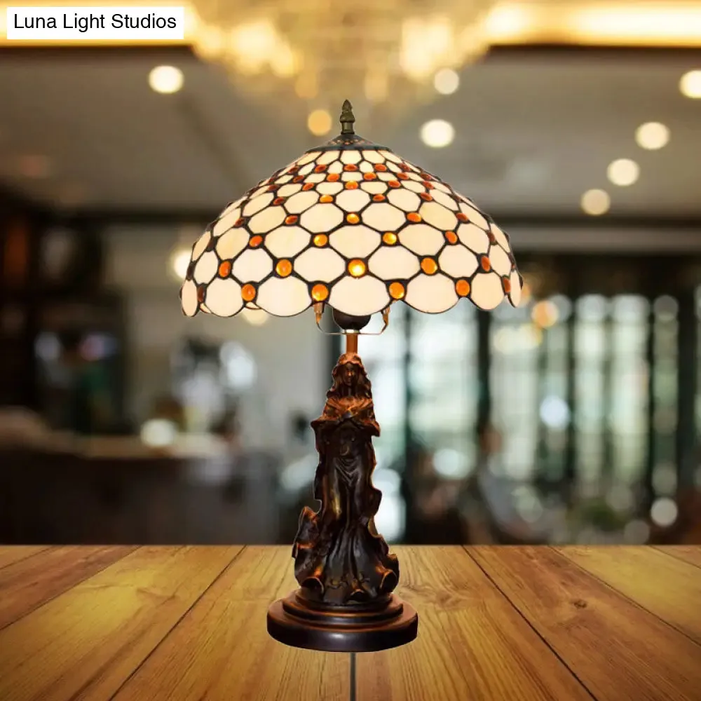 Asellus Secundus - Cabochons Grid Night Light 1-Light Tiffany Table Lamp with Angel Decor