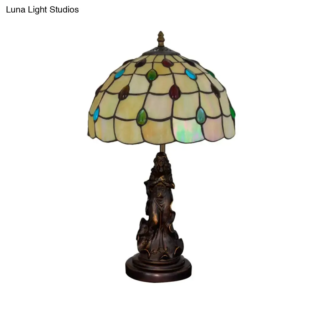 Asellus Secundus - Cabochons Grid Night Light 1-Light Tiffany Table Lamp with Angel Decor