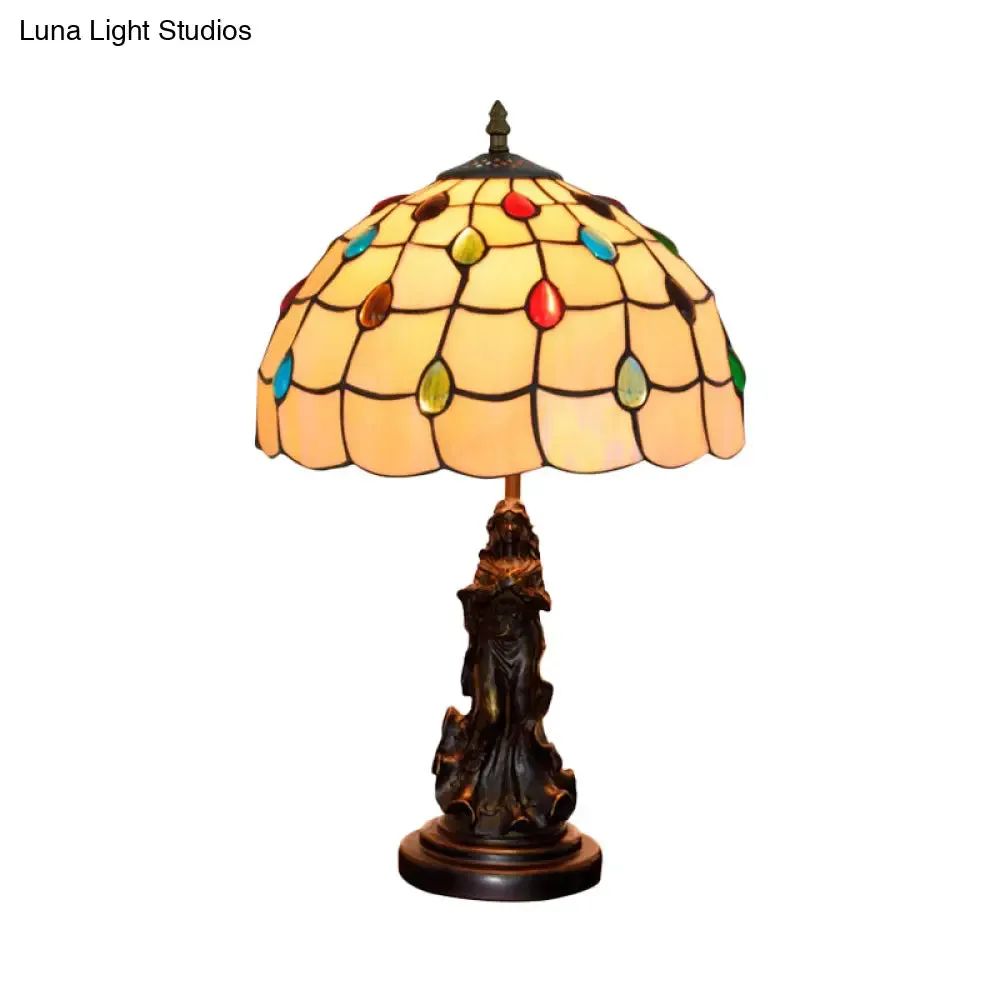 Asellus Secundus - Cabochons Grid Night Light 1-Light Tiffany Table Lamp with Angel Decor