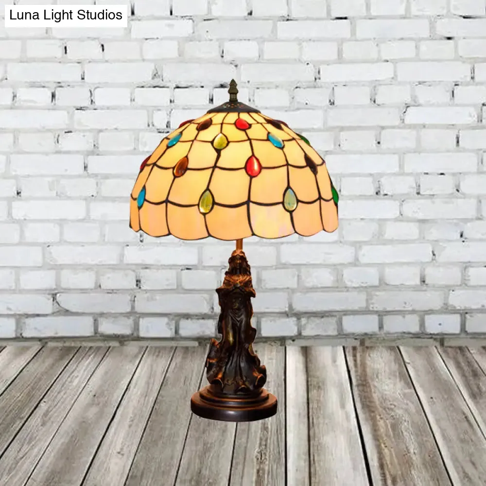 Asellus Secundus - Cabochons Grid Night Light 1-Light Tiffany Table Lamp with Angel Decor