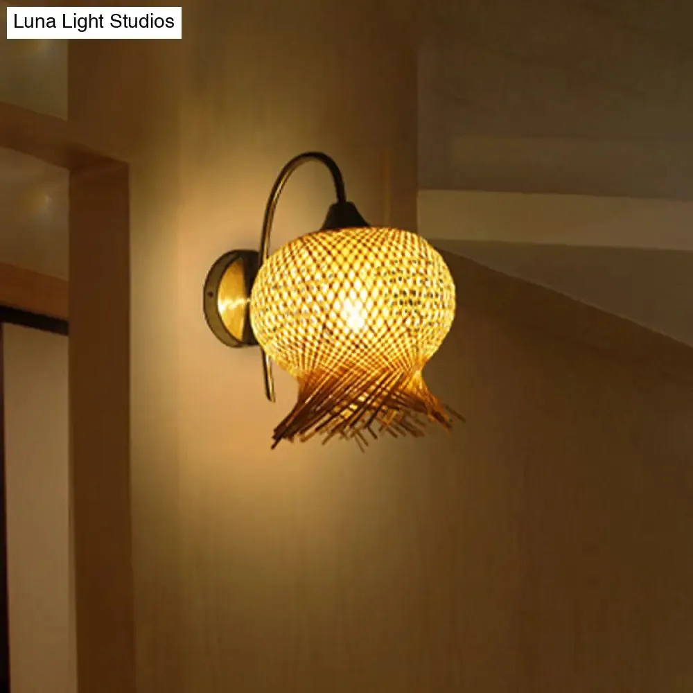 Bamboo Hand-Woven Sconce Wall Lamp with Metal Gooseneck Arm - Flaxen