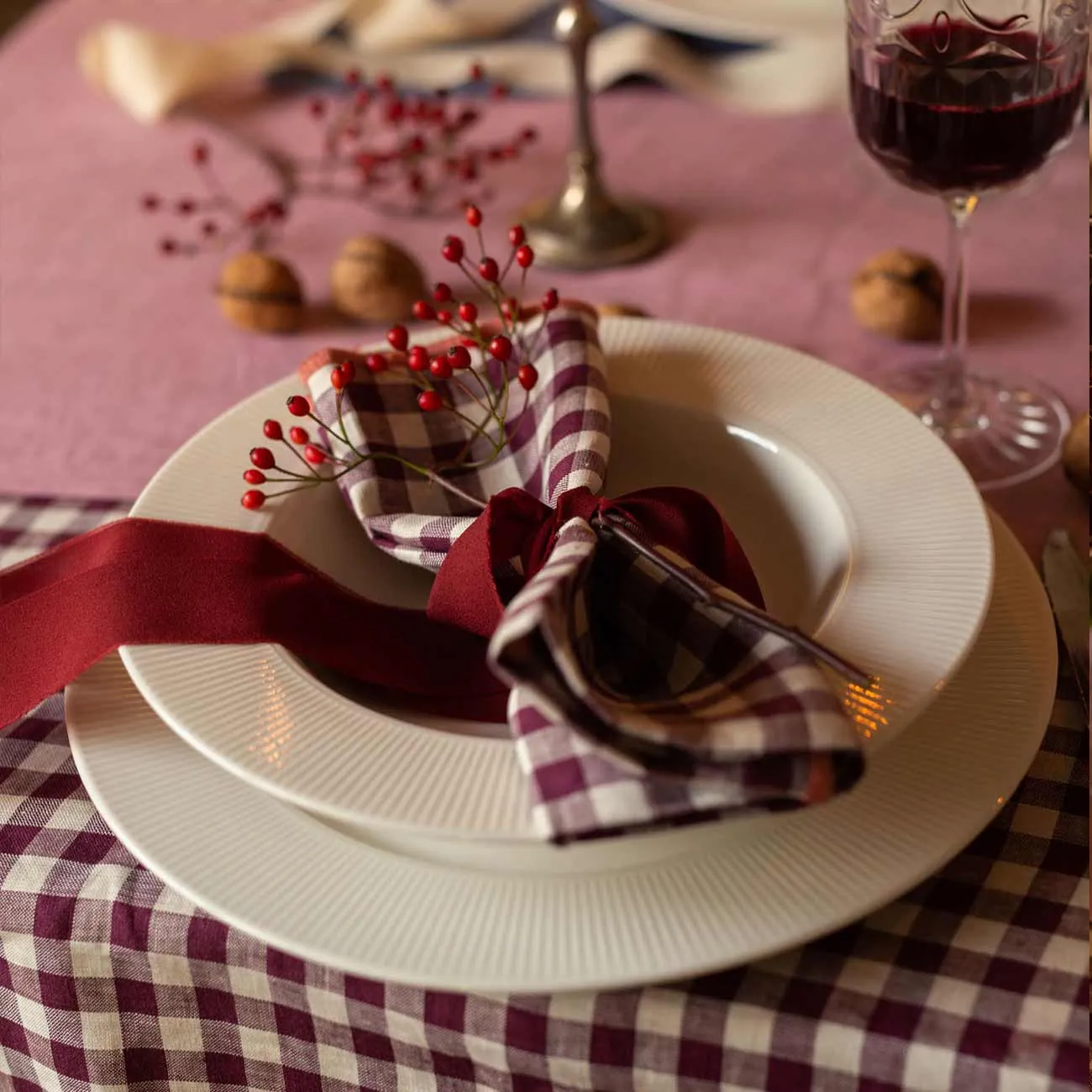 Berry Gingham Linen Napkins Set of 4