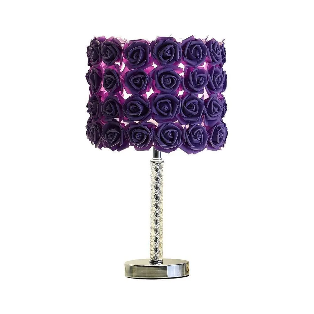 Bloom Roses Drum Shade Table Lamp with Twisted Acrylic Base, Purple By Casagear Home