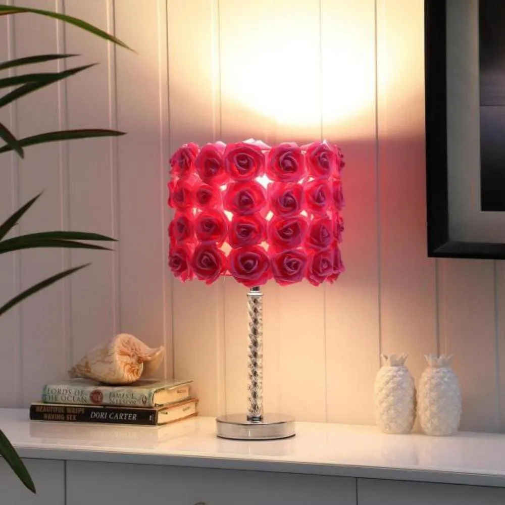 Bloom Roses Drum Shade Table Lamp with Twisted Acrylic Base, Red By Casagear Home