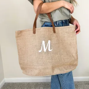 Burlap Jute Embroidered Initial Zippered Tote