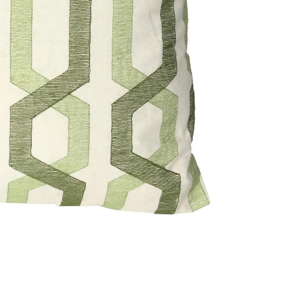 Contemporary Cotton Pillow with Geometric Embroidery, White and Green - BM200583 By Casagear Home