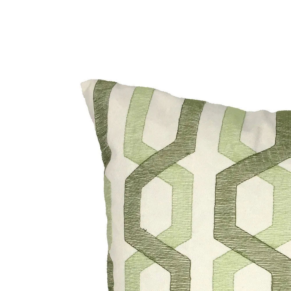 Contemporary Cotton Pillow with Geometric Embroidery, White and Green - BM200583 By Casagear Home