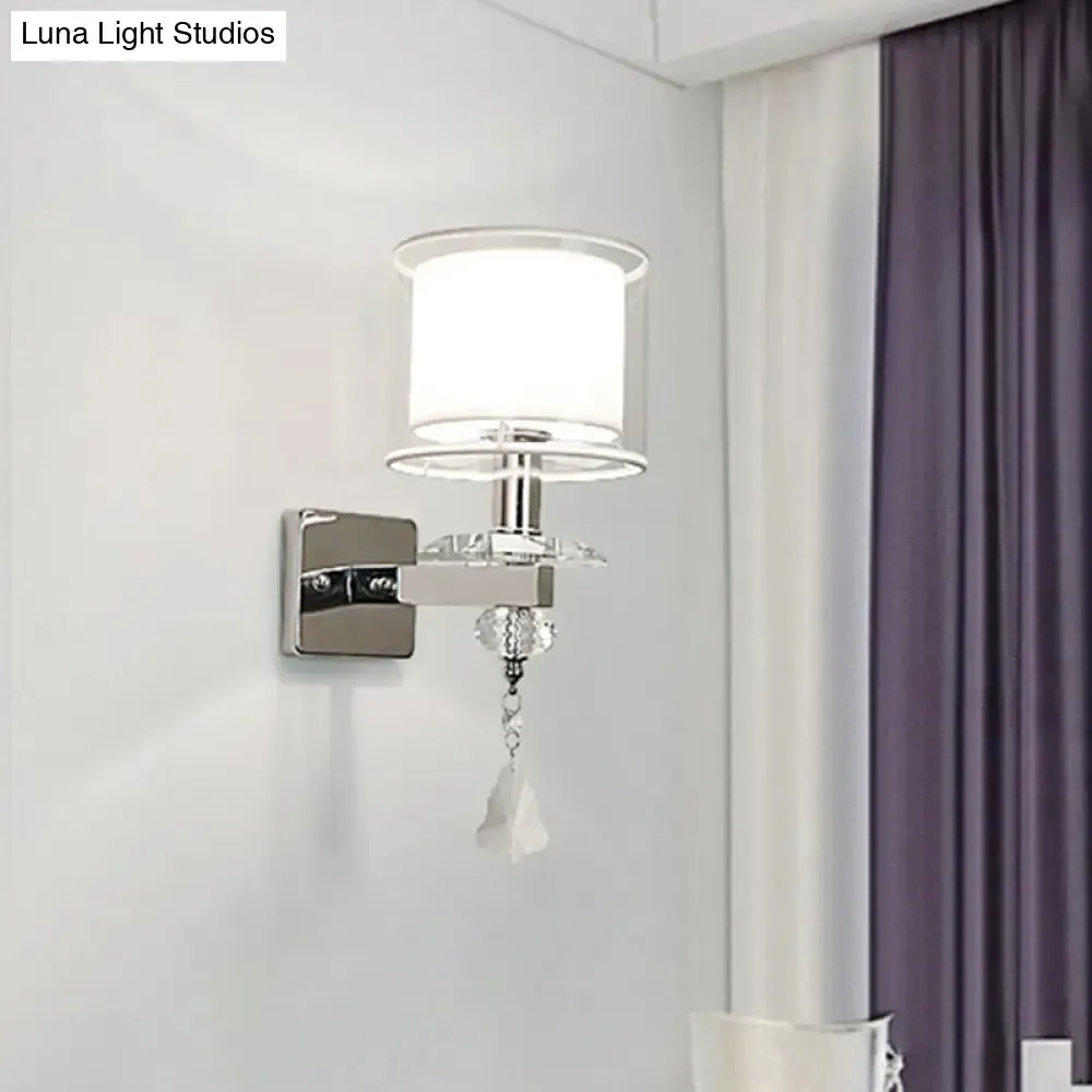 Contemporary Double Glass Cylinder Wall Lamp with Crystal Accent in Chrome: Brilliant 1-Light Lighting Idea