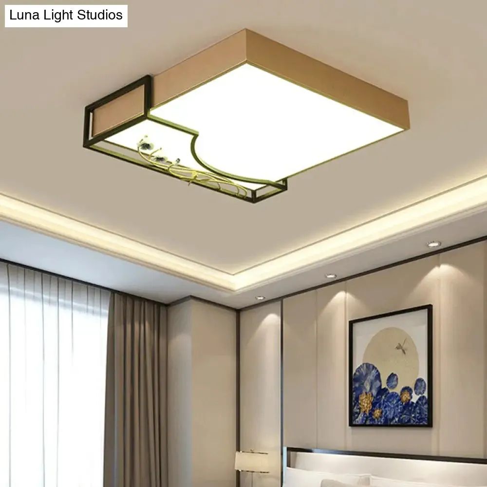 Contemporary Gold Square Flush Mount LED Ceiling Lamp with Elegant Flower Decor