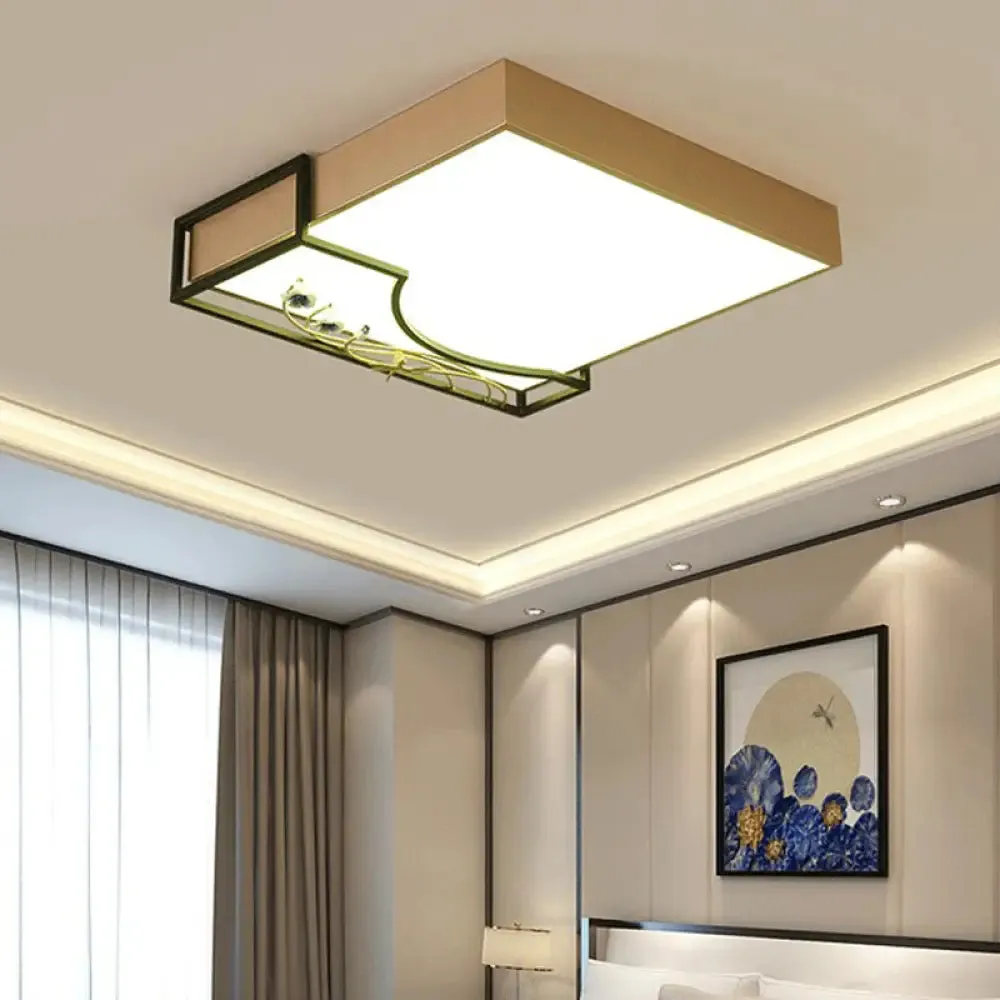 Contemporary Gold Square Flush Mount LED Ceiling Lamp with Elegant Flower Decor