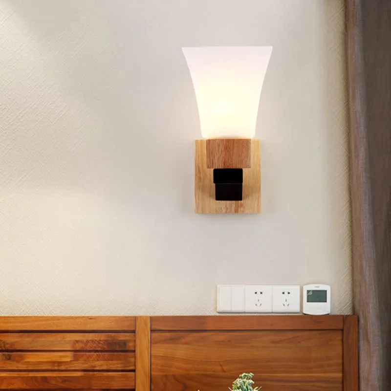 Contemporary Wall Sconce Light with Wide Flare Head and White Glass in Wood Mount