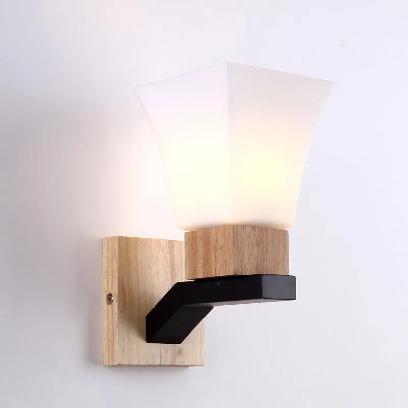 Contemporary Wall Sconce Light with Wide Flare Head and White Glass in Wood Mount