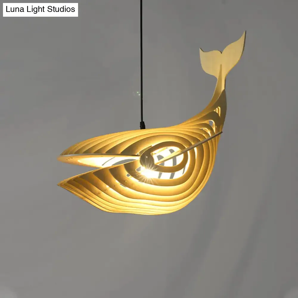 Contemporary Wood Whale Suspension Pendant: 1-Bulb Beige Hanging Light Kit for Stairway