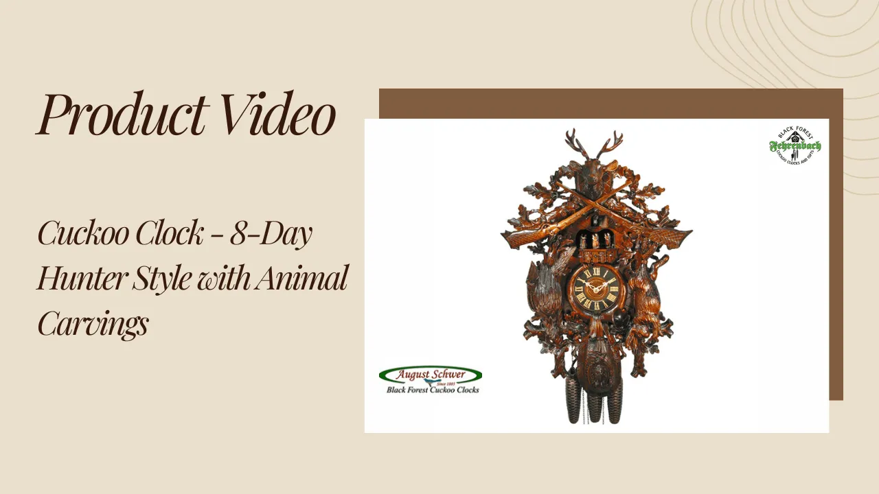 Cuckoo Clock - 8-Day Hunter Style with Animal Carvings - August Schwer