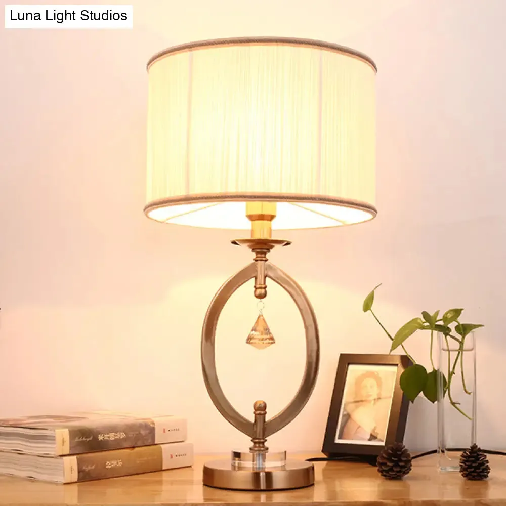 Drum Desk Lamp - Traditional Gold Fabric | 1 Light Bedroom Reading Light with Iron Ring