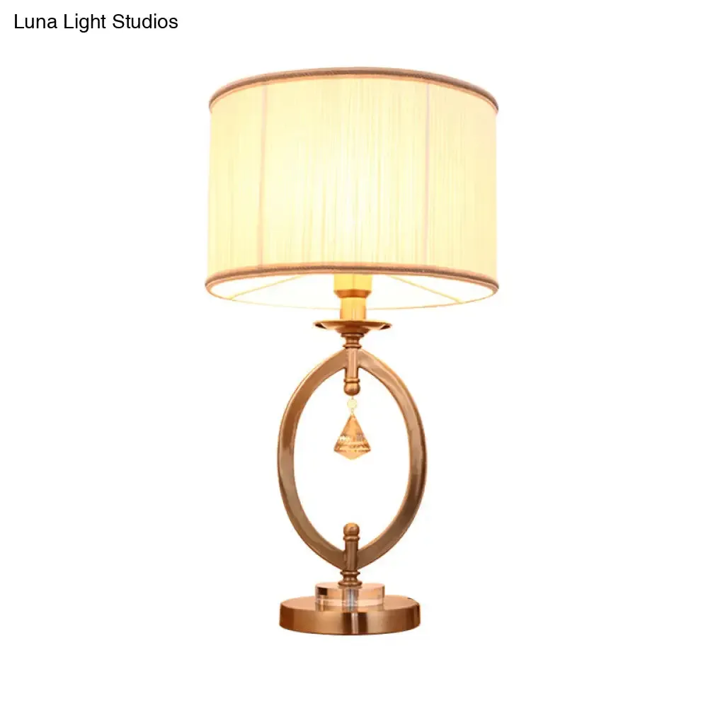 Drum Desk Lamp - Traditional Gold Fabric | 1 Light Bedroom Reading Light with Iron Ring