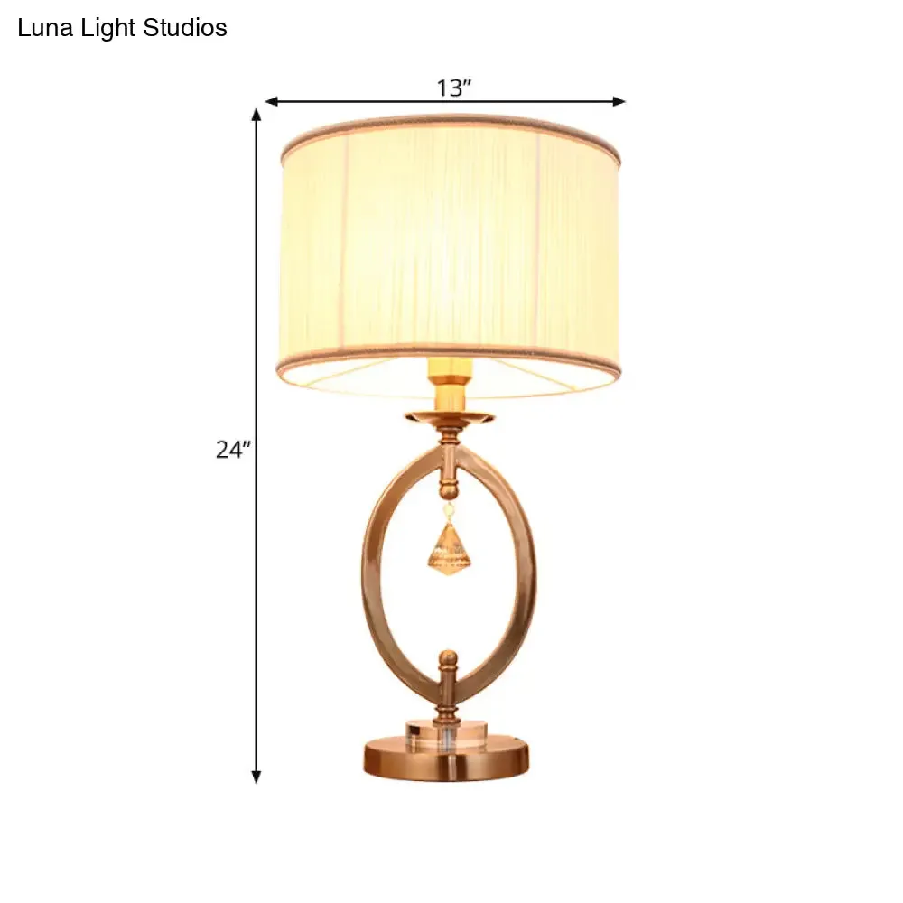 Drum Desk Lamp - Traditional Gold Fabric | 1 Light Bedroom Reading Light with Iron Ring