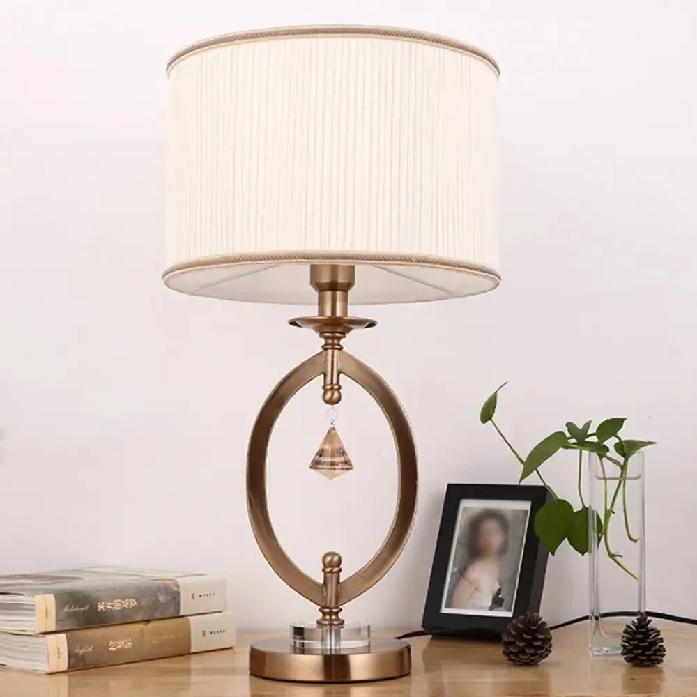 Drum Desk Lamp - Traditional Gold Fabric | 1 Light Bedroom Reading Light with Iron Ring