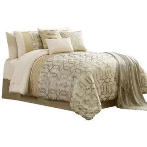 Elia 10 Piece King Polyester Comforter Set, Lattice Pattern, Cream, Gold By Casagear Home