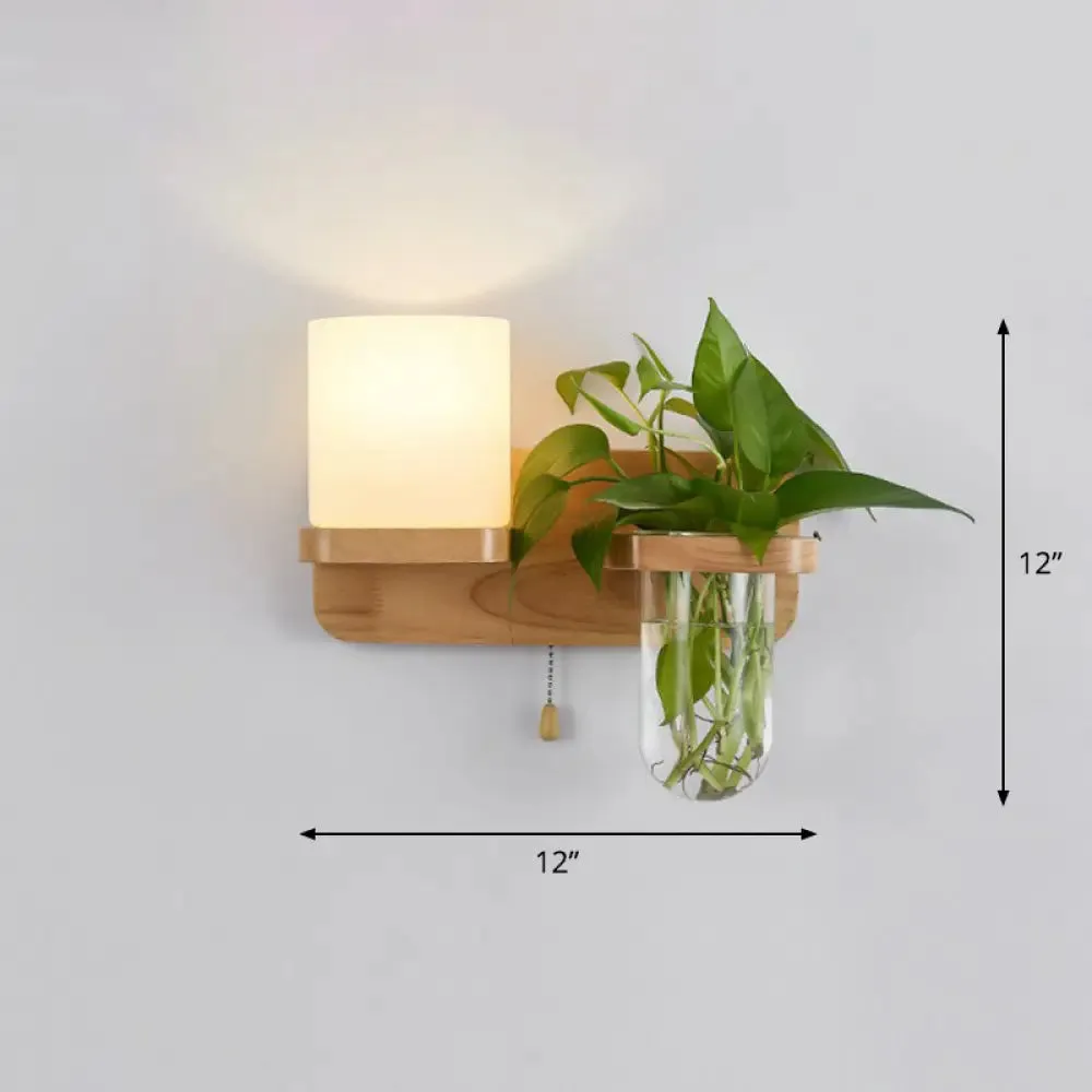 Geometric Wall Sconce Art Deco 1 Head Light with Plant Container and Wooden Shelf - Cream Glass