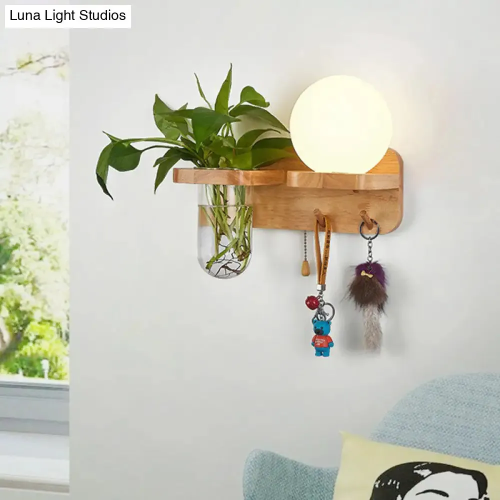 Geometric Wall Sconce Art Deco 1 Head Light with Plant Container and Wooden Shelf - Cream Glass