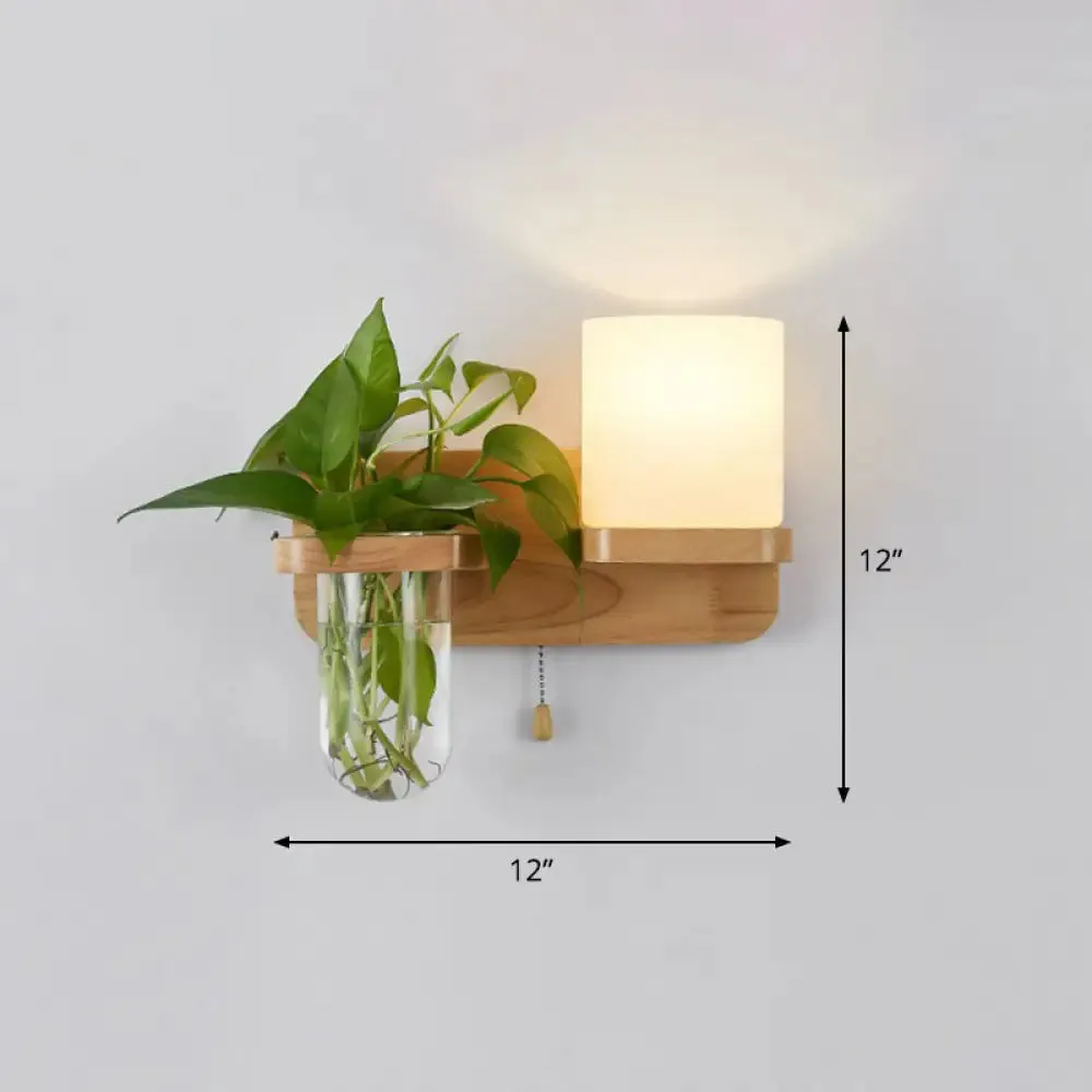 Geometric Wall Sconce Art Deco 1 Head Light with Plant Container and Wooden Shelf - Cream Glass