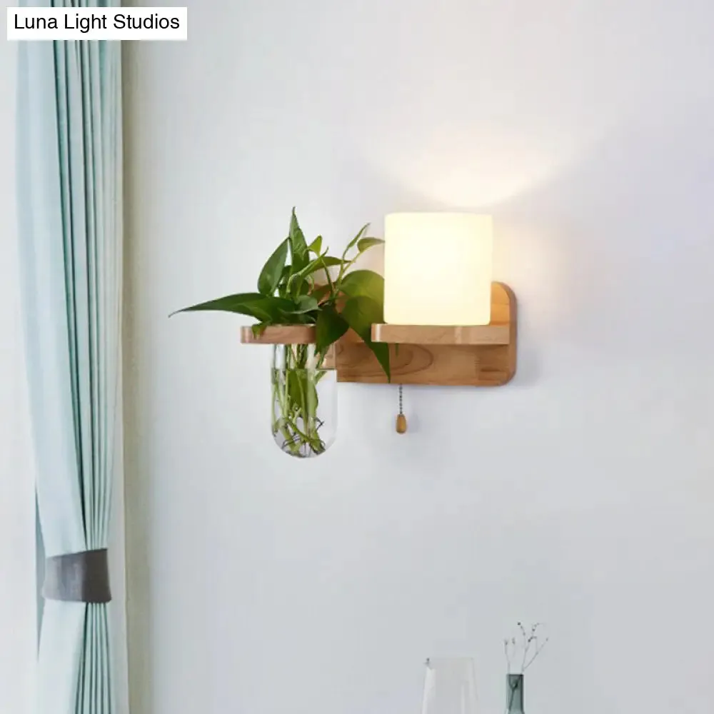 Geometric Wall Sconce Art Deco 1 Head Light with Plant Container and Wooden Shelf - Cream Glass