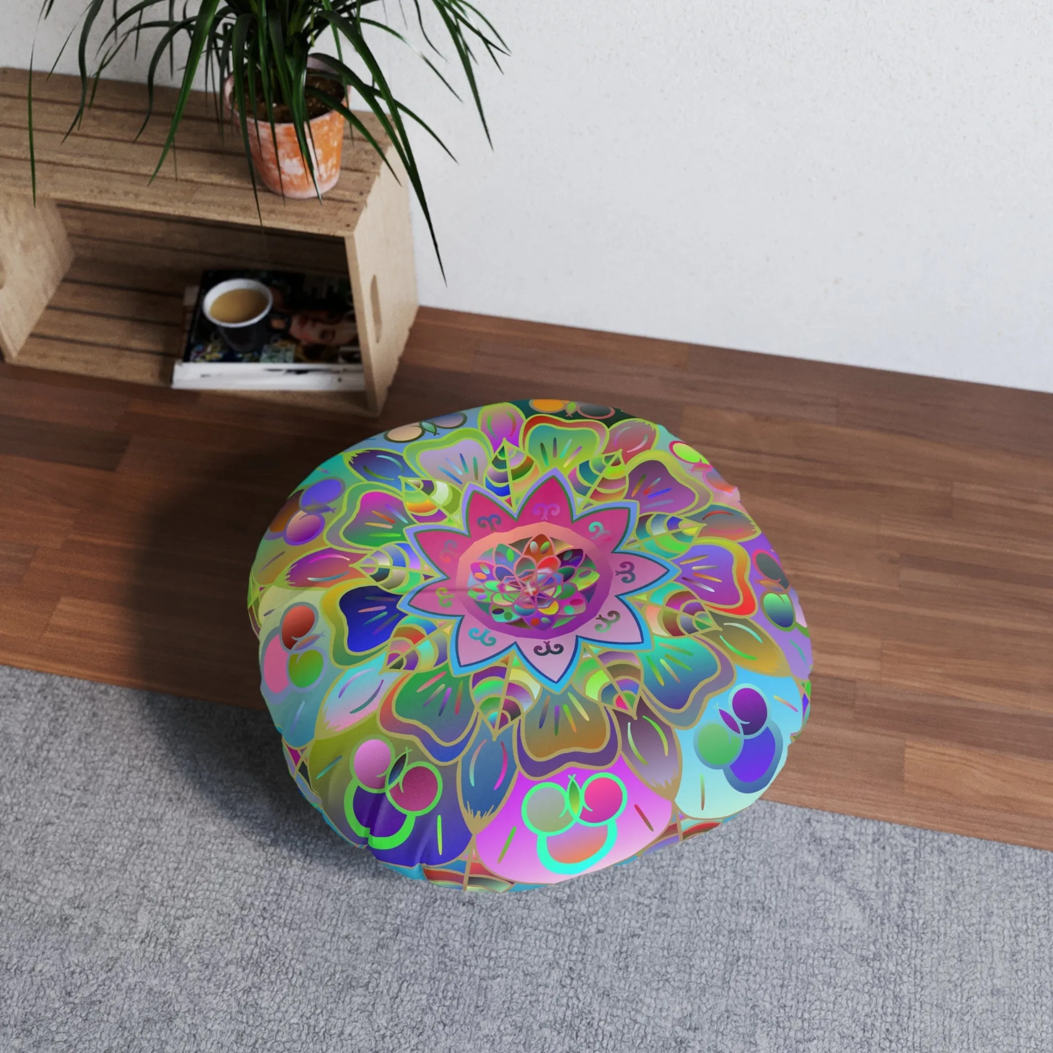 Hand Drawn Mandala Floor Cushion - Colorful Turquoise Mandala