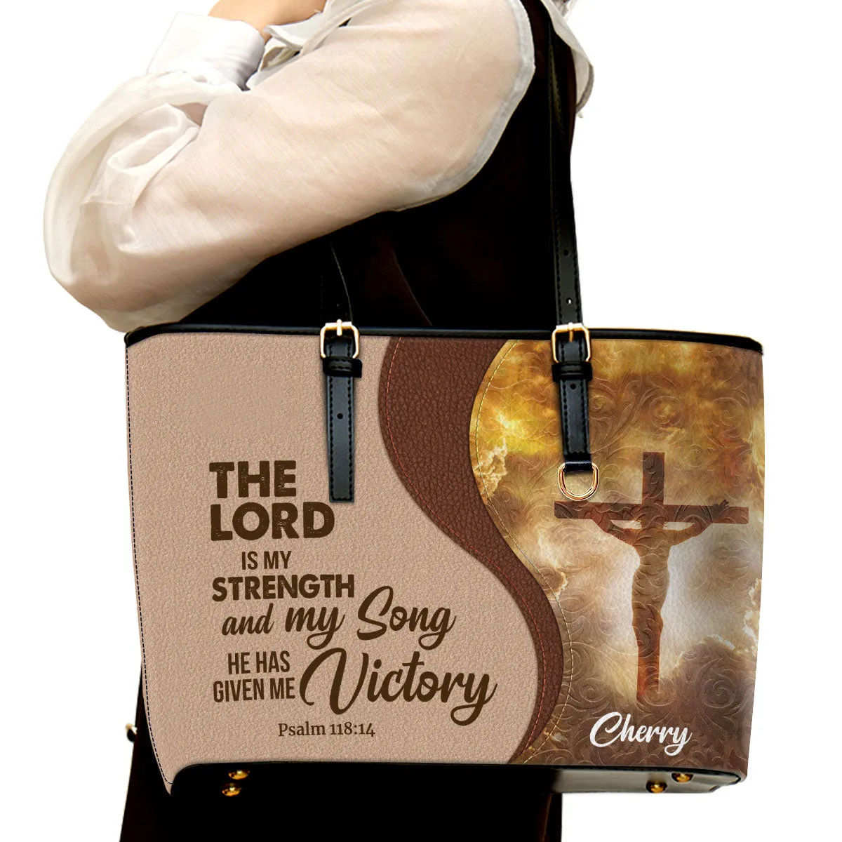 He Has Given Me Victory Personalized Large Leather Tote Bag - Christian Inspirational Gifts For Women