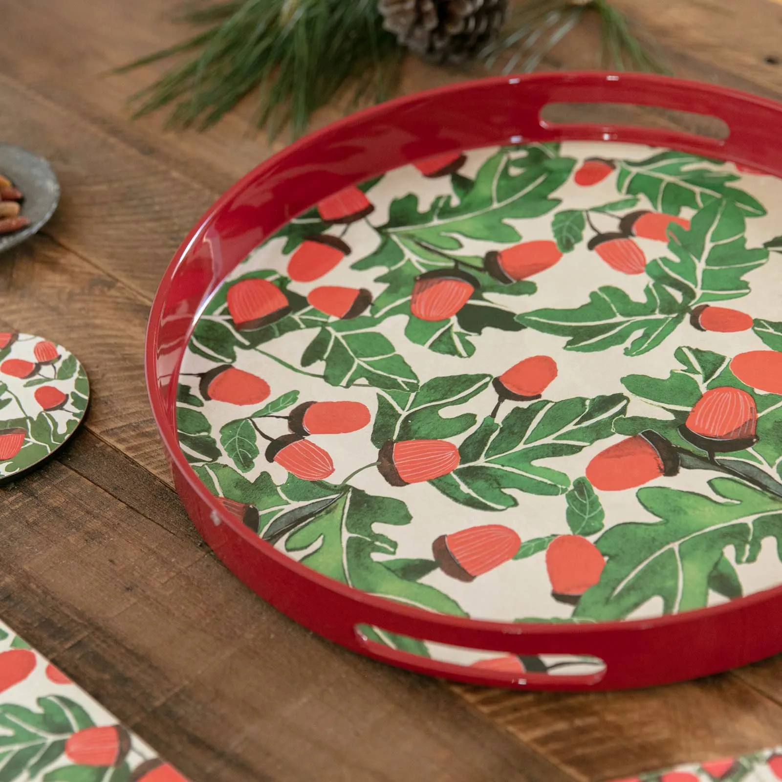 Holiday Acorns 15 Inch Round Tray