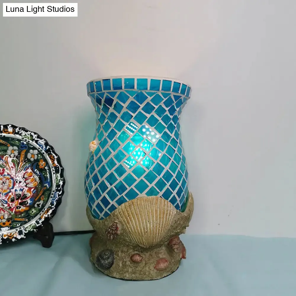 Light Blue Glass Desk Light with Shell Accent - Moroccan Style for Bedroom Task Lighting