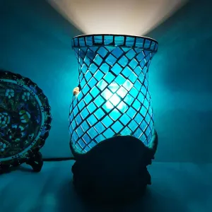 Light Blue Glass Desk Light with Shell Accent - Moroccan Style for Bedroom Task Lighting