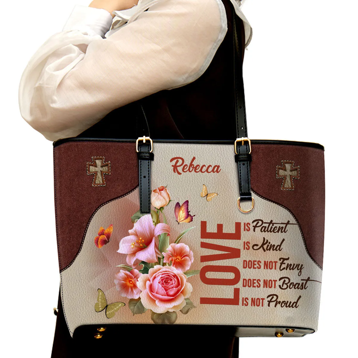 Love Does Not Envy Personalized Large Leather Tote Bag - Christian Inspirational Gifts For Women